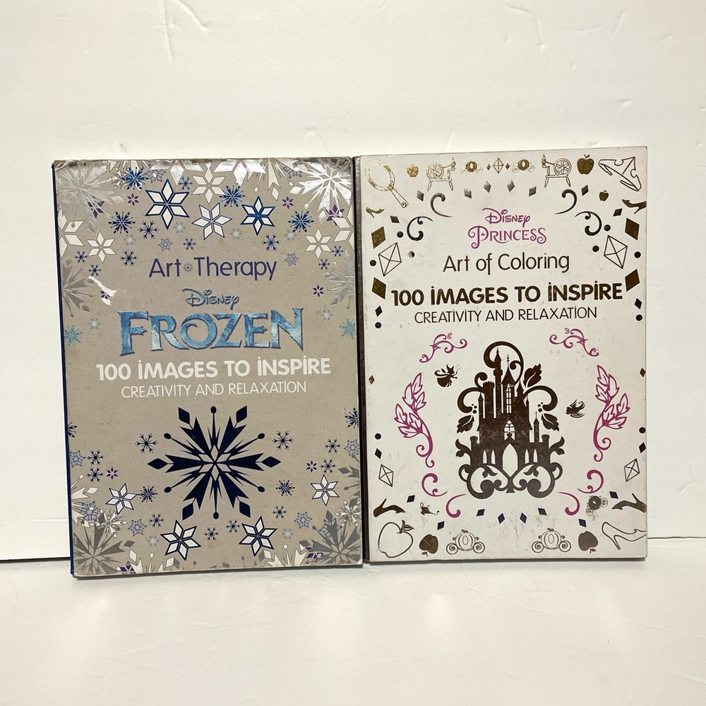 Set of 2 Hard Cover Disney Art Therapy Coloring Book. Disney Princess & Frozen.